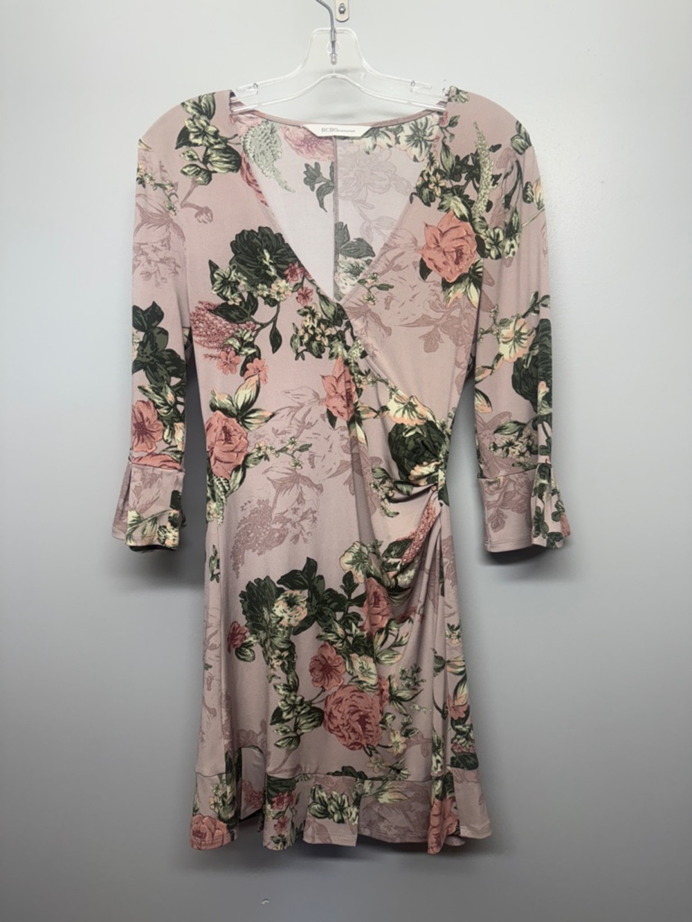 BCBGeneration Pink Floral Bell 3/4 Sleeve Side Ruche Gathered Mini Dress